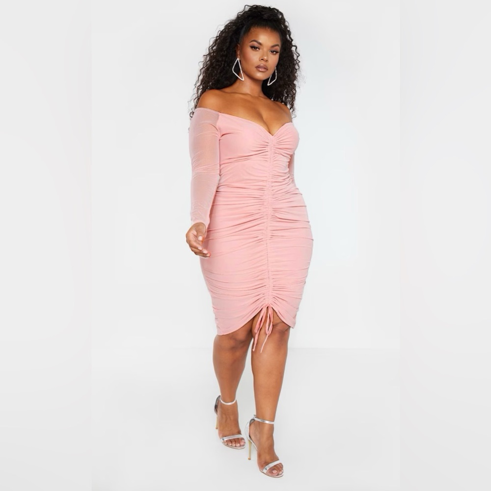 Plus Dusty Rose Mesh Ruched Bardot dress